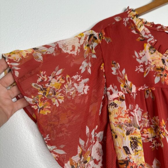 LC Lauren Conrad Flutter Sleeve Blouse 4X Orange Floral Chiffon Tunic - Picture 3 of 10